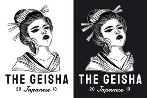 Set Dark Art Women Japanese Geisha Girl Skull Mask Vintage tattoo hand drawn engraving style vector