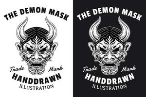 Set Skull Dark Art Japanese Mask Devil Demon Hand Drawn Engraving Style vector