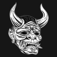 Dark Art Japanese Devil Oni Mask Tattoo Hand Drawn Engraving Style vector