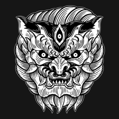 Dark Art Chinese Lion Head Beast Hand Drawn Hatching Style