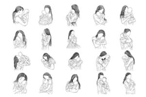 Set Mega Bundle Happy Maternity Women with Baby Born Line Art vector