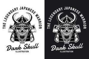 conjunto guerrero japonés cráneo samurai con armadura estilo de grabado dibujado a mano vector