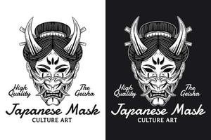 Set Dark Art Women Japanese Geisha Head Skull Mask Vintage tattoo hand drawn engraving style vector