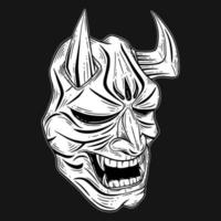 Dark Art Japanese Devil Oni Mask Tattoo Hand Drawn Engraving Style vector