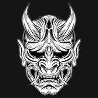 Dark Art Japanese Devil Oni Mask Tattoo Hand Drawn Engraving Style vector