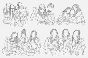 Set Bundle Happy Women and Girl Best Friend Group Line Art vector