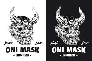 Set Skull Dark Art Japanese Mask Devil Demon Hand Drawn Engraving Style vector