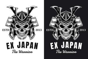 Set Japanese Warrior Skull samurai with armor hand drawn engraving style vector