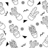 black stroke succulents cactus in pots set outline random black object illustration white. vector