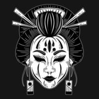 Dark Art Horror Japanese Geisha Girl With Devil Mask Face Tattoo Hand Drawn Engraving Style vector