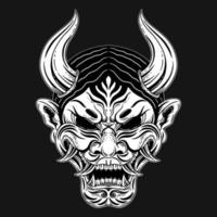 Dark Art Japanese Monster Oni Mask Tattoo Hand Drawn Hatching Style vector