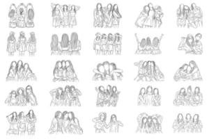 Set Mega Bundle Happy Women and Girl Best Friends Group Line Art vector