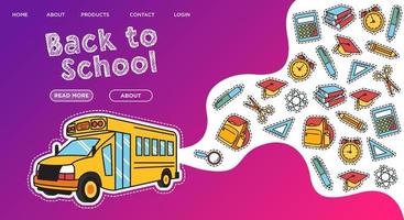 autobús escolar, ilustración conceptual de regreso a la escuela con íconos de suministros y libros. diseño de fondo vectorial, página web. vector