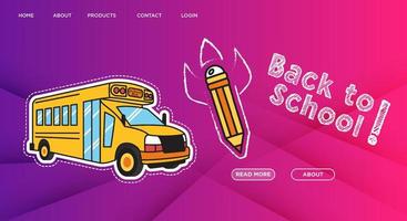 Back to school vector illustration with scene with school building and bus traveling to school.