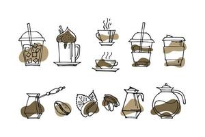 set of hand drawn coffee doodles drinks, desserts, beans and other related objects. Vector sketch illustration background