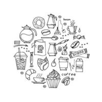 set of hand drawn coffee doodles drinks, desserts, beans and other related objects. Vector sketch illustration background