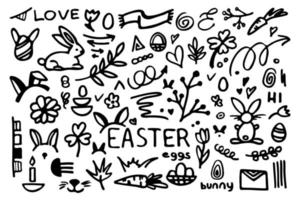 Vector Easter doodle set with cute bunnies, chickens, flowers and eggs. Design elements and characters in cartoon style. Vector illustration.