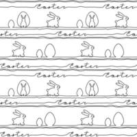 Happy Easter. Vector seamless pattern. Outline bunny background. Line art illustration. Text and rabbit single line.