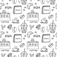 hand drawn coffee doodles drinks, desserts, beans and other related objects. Vector seamless pattern