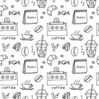 hand drawn coffee doodles drinks, desserts, beans and other related objects. Vector seamless pattern