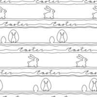 Happy Easter. Vector seamless pattern. Outline bunny background. Line art illustration. Text and rabbit single line.