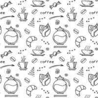 hand drawn coffee doodles drinks, desserts, beans and other related objects. Vector seamless pattern