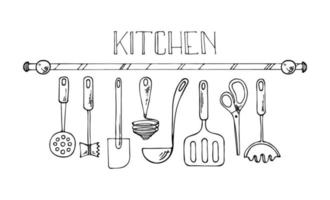 conjunto de herramientas de cocina garabatos. equipos de cocina dibujados a mano. vector