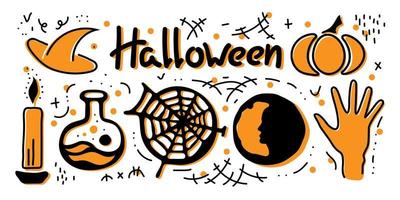 Halloween party doodle style elements. Hand drawn vector illustration. Isolated on white background