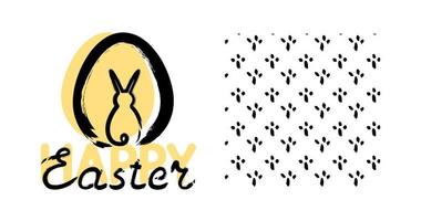 Vector black silhouette Bunny in eggs. Happy Easter. Brush strokes hand drawing of a rabbit. Seamless pattern with step stamp