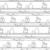 Happy Easter. Vector seamless pattern. Outline bunny background. Line art illustration. Text and rabbit single line.