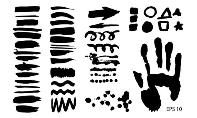 Vector set with brush strokes, texture hand drawn illustration. Black spot on the white background.