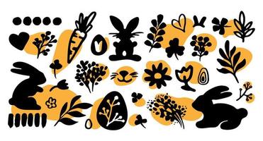 Vector Easter doodle set with cute bunnies, chickens, flowers and eggs. Design elements and characters in cartoon style. Vector illustration.