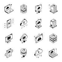 iconos de línea isométrica de computación en la nube vector