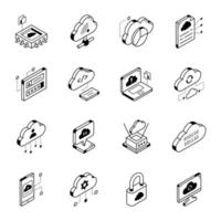 Isometric Line Icons of Cloud Hosting vector