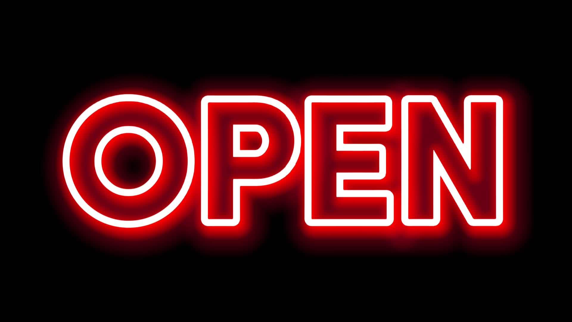 Neon Open sign animation on a black background, red neon open sign