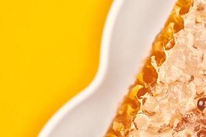 Honeycomb on plate, copy space, macro close up photo