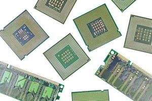 Bunch of CPU, central processor units and RAM, random-access memory, isolated background photo