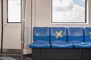 Seat on public in public sky train with signs social distancing protect for one seat keep distance to protective spreading for COVID-19 or Coronavirus , Social distancing concept photo