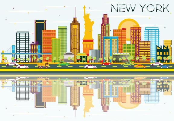 New York Skyline with Color Buildings, Blue Sky and Reflections.