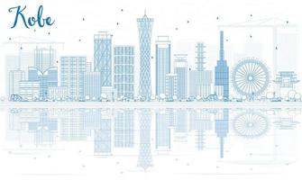 Outline Kobe Skyline with Blue Buildings and Reflections. vector