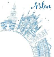 Outline Milan Skyline with Blue Landmarks and Copy Space. vector