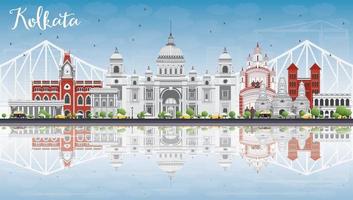 Kolkata Skyline with Gray Landmarks, Blue Sky and Reflections. vector