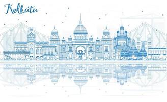 Outline Kolkata Skyline with Blue Landmarks and Reflections. vector