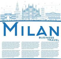 Outline Milan Skyline with Blue Landmarks and Copy Space. vector