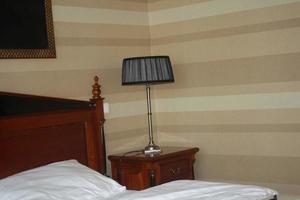 A bedroom with a bed and the lamp photo