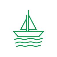 eps10 green vector sailboat line icon isolated on white background. boat with sea waves symbol in a simple flat trendy modern style for your website design, logo, pictogram, and mobile application