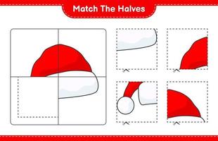 Match the halves. Match halves of Santa Hat. Educational children game, printable worksheet, vector illustration