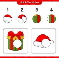 Match the halves. Match halves of Santa Hat and Gift Box. Educational children game, printable worksheet, vector illustration