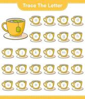 Trace the letter. Tracing letter alphabet with Tea Cup. Educational children game, printable worksheet, vector illustration