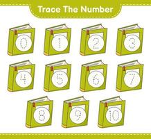 Trace the number. Tracing number with Book. Educational children game, printable worksheet, vector illustration